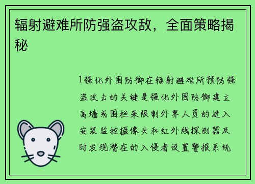 辐射避难所防强盗攻敌，全面策略揭秘